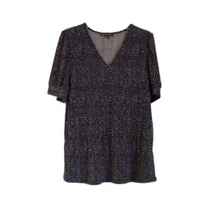 Adriana Papell Women's Top Sz M Blue White Polka Dot Pleated Stretch Puff Sleeve